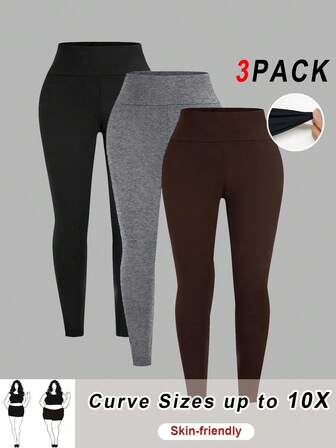 SHEIN CURVE+ 3-pack leggings i plusstorlek för kvinnor, bekväma och smidiga för yoga, fitness och cykling, samt vardagsbruk
