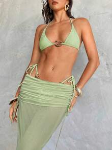 Aloruh Bộ bikini 3 mảnh dành cho nữ, gợi cảm, thanh lịch, lãng mạn, màu xanh ô liu với họa tiết kim loại, áo hở vai cúp tam giác mini, quần lọt khe mini và khăn choàng dài, bộ bikini đi nghỉ dưỡng/bãi biển dành cho nữ - Màu xanh Ô liu - Xem 8