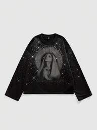 Men's Rhinestone Embellished Graphic Print Loose Fit Crew Neck Long Sleeve T-Shirt, Suitable For Everyday Wear, Spring/Summer