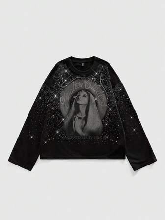 Maglietta a maniche lunghe da uomo con stampa grafica e decorazioni in strass, vestibilità ampia, scollo a equipaggio, adatta per uso quotidiano, primavera/estate