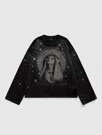 Herren Strass verziertes grafisches Loose Fit Rundhals Langarm T-Shirt, geeignet für den täglichen Gebrauch, Frühling/Sommer