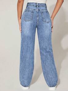SHEIN PETITE Women's High Waist Pockets Distressed Straight Loose Casual Denim Jeans - Light Wash - View 2