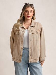 Zelara Áo khoác denim rách giặt thường ngày cỡ lớn - Màu be - Xem 5