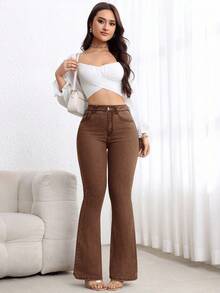 EMERY ROSE Plus Size Women High Waist Pockets Casual Versatile Flare Jeans - Coffee Brown - View 6