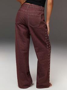 Athîral Women's Rivet Pocket High Waist Wide Leg Denim Pants Stud Embellished Brown Jeans,Retro Baggy Statement Trousers Street Style - Khaki - View 3