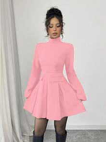 SHEIN Elenzya Đầm mini tay dài xếp ly cổ đứng màu trơn thời trang thanh lịch cho nữ - Hồng - Xem 1