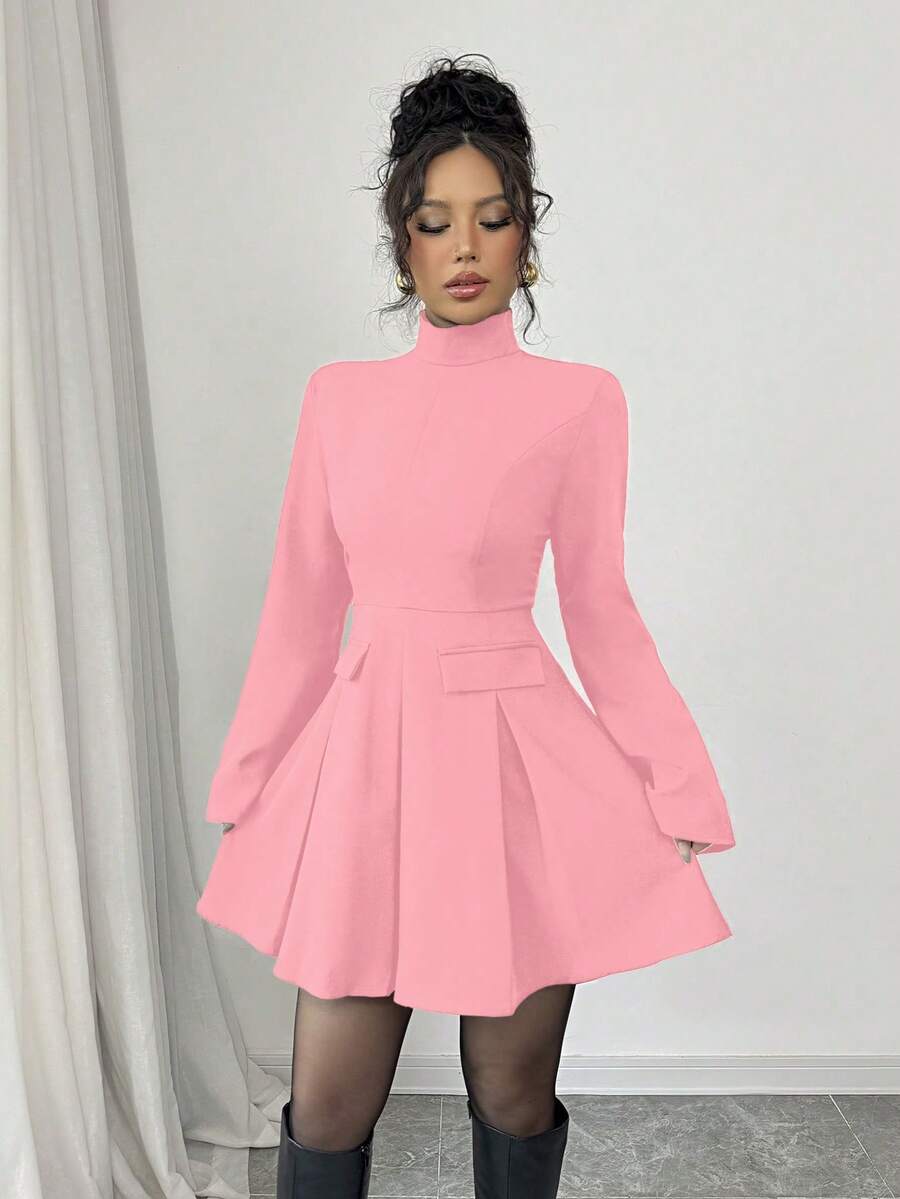 SHEIN Elenzya Đầm mini tay dài xếp ly cổ đứng màu trơn thời trang thanh lịch cho nữ - Hồng - Xem 1