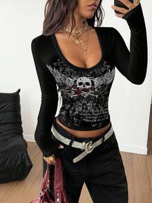 Coolane Women's Y2K Streetwear V-Neck T-Shirt. Streetwear, Vintage, Dark Gothic Winged Skull Pattern, Back To School, Retro, Fall, Casual, Autumn And Winter, Hip-Hop, Style Core Aesthetics.Gothic Cybersigilism, Gyaru, Punk - Multicolor - View 1