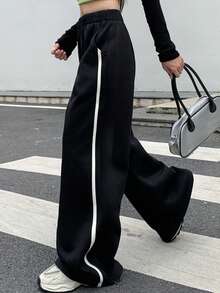 DAZY Pantalones de mujer holgados, gruesos y cálidos con rayas laterales de contraste - Negro - Ver 1