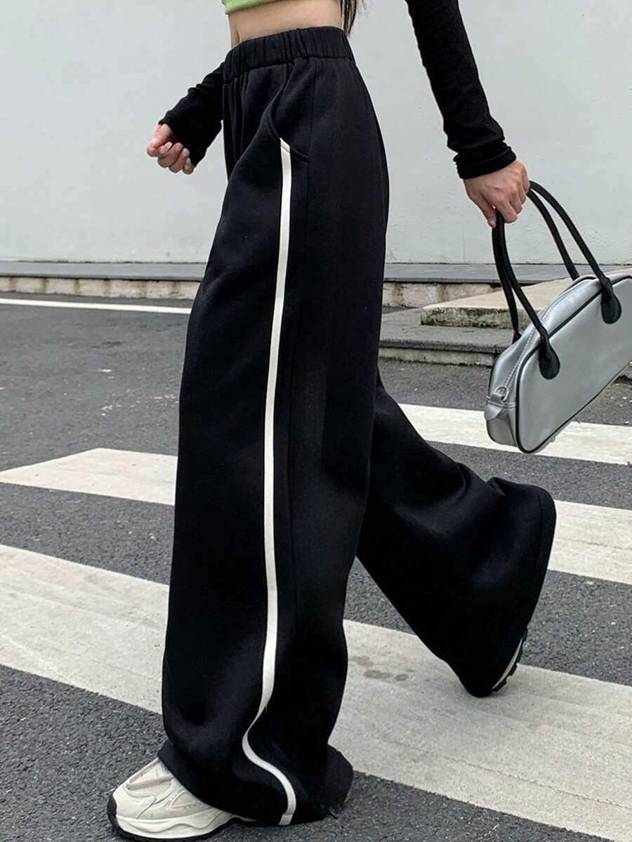 DAZY Pantalones de mujer holgados, gruesos y cálidos con rayas laterales de contraste - Negro - Ver 1