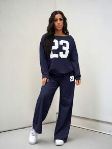 SAYEHFBABY Conjunto de 2 piezas/Set de top de manga larga con estampado numérico casual y pantalones largos Y2k para mujeres petite - Azul Marino - Ver 4