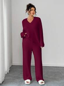 EMERY ROSE 女士加大码两件套，宽松V领长袖上衣和直筒裤，保暖质感面料，舒适家居服，适合休闲穿着 - 酒紅色 - 查看 3
