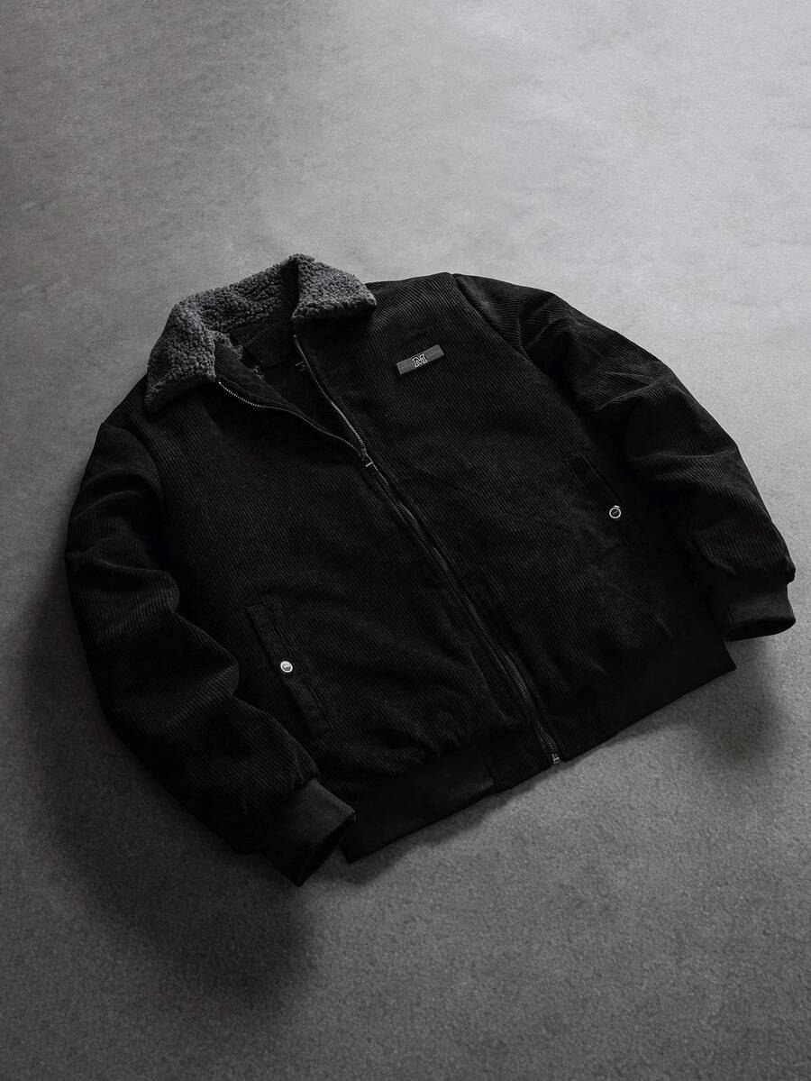 SLATEMANN 男式休闲灯芯绒贴片细节保暖内衬夹克，适合秋冬季 - 黑色 - 查看 1