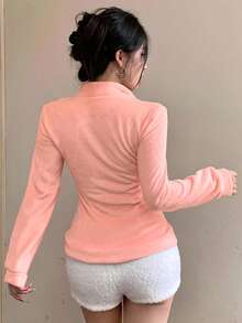 DAZY 女士修身休闲抓绒外套，时尚运动卫衣外套，秋冬女式大衣 - 西瓜粉 - 查看 5