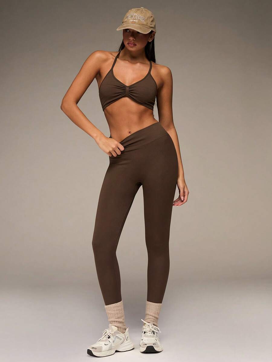 SHEIN BAE Women's Plain Backless Halter-Neck Top And Sports Leggings Set Workout Women Sets - Coffee Brown - View 1