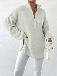 SHEIN Cottnline 女士半拉鍊垂墜肩毛衣 - 米色 - 查看 1
