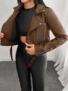 EURMUSE Petite Casual Zip Up Belted PU Leather Moto Jacket - Brown - View 6