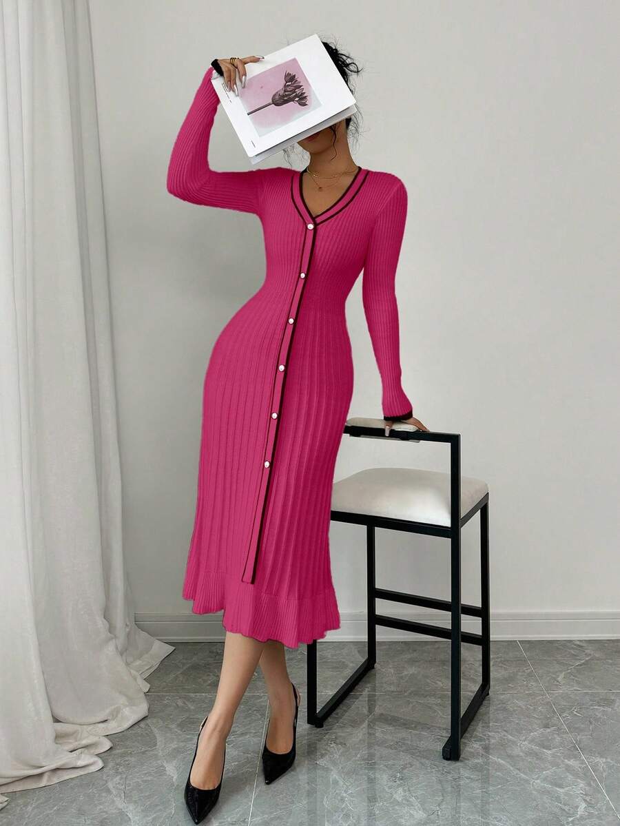 Selianne 女士V领单排扣长袖修身优雅日常针织连衣裙 - 玫紅色 - 查看 1