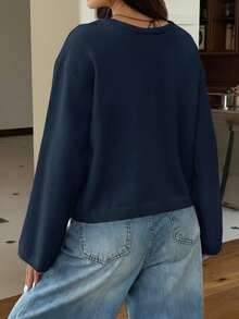 SHEIN EZwear 女士纯色前系带长袖休闲衬衫，秋冬季适合上学的上衣 - 藏蓝色 - 查看 2