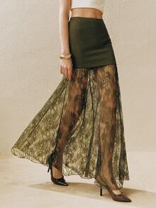 Arave Women's Elastic Waist Contrast Lace Skirt, Women's Black Long Lace See-Through Skirt, Sexy Bodycon Skirt, Flared Skirt, Suitable For Valentine's Day, - Army Green - View 8