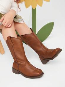 Mini mi #LittleRider Kids' Square Toe Easy Pull-On Tabs & Low Block Heel Premium Vegan Leather Tan Mid-Calf Western Cowboy Boots –  Design With Classic Stitching For Everyday Adventure & Style