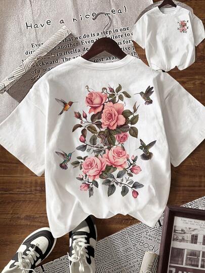 INAWLY Camiseta de mujer de manga corta con cuello redondo y estampado floral casual, para verano