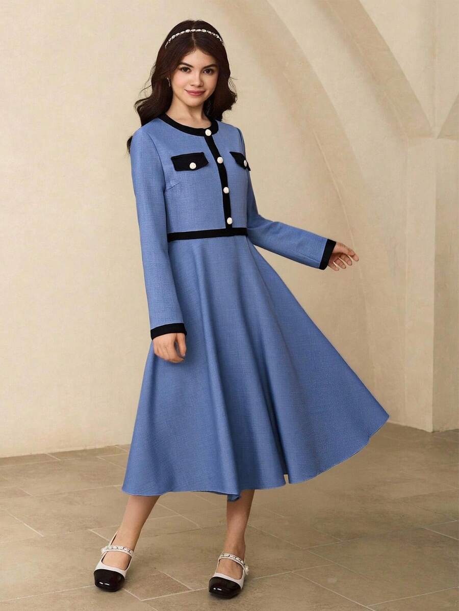 Teen Girl Round Neck Long Sleeve Cardigan Jacket + Spaghetti Strap Dress Set, Elegant Outfit For Party, Gathering, Back To School - Blue - View 1
