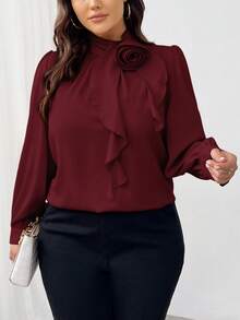 SHEIN Women Plus Size Elegant 3D Floral Decorated Ruffle Collar Blouse, Autumn For New Year Clothes,Valentine - Burgundy - View 5