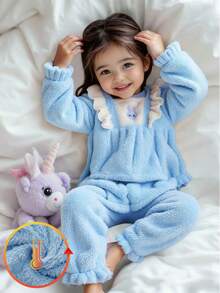 2pcs Baby Girls Casual Cute Rabbit Embroidered Ruffled Fleece Long Sleeve Top And Pants Homewear Set  Like Princess - Blue and White - View 1