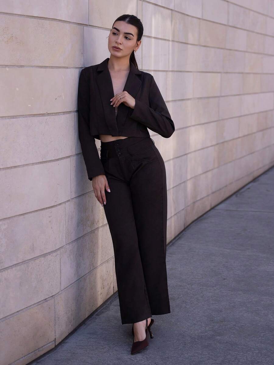 Andrea Bello Bộ vest vest công sở đơn giản, rộng rãi, phong cách cổ điển, chất liệu vải chiffon và quần ống rộng - Cà phê nâu - Xem 1