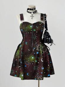 Sunspun 新款时尚百搭假日梦幻星空印花拼接荷叶边系带腰部装饰拉链前开襟中长吊带连衣裙 - 咖啡棕 - 查看 3