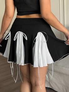 POPSWAY Plus Size Casual Cinched Waist Contrast Color Patchwork A-Line Skirt Shorts - Black and White - View 2