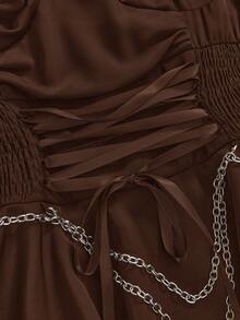 ROMWE Spring/Summer Vintage Gothic Metal Chain Detachable Cinched Waist Asymmetrical Hem Layered Women Dress - Dark Brown - View 4