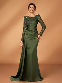 Serin 亮片拼接羊腿袖褶裥设计拼接缎带优雅新娘母亲礼服 - 墨綠色 - 查看 7