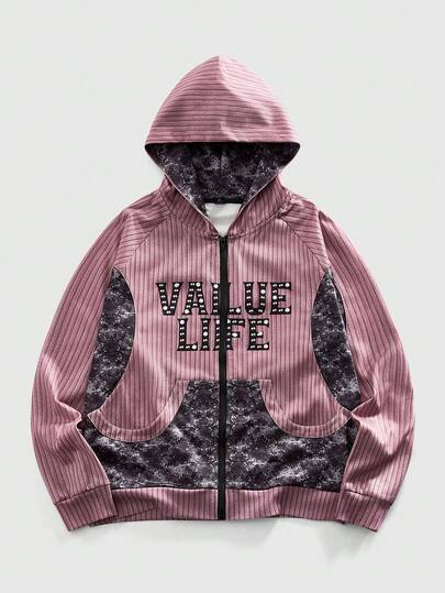 Felpa con cappuccio da uomo con stampa a contrasto di colore, patchwork e lettera