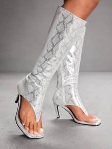 CUCCOO SZL 女士蛇纹图案时尚过膝高跟靴 - 銀色 - 查看 4