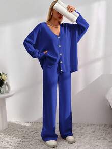EURMUSE Drop Shoulder Cardigan & Tie Front Knit Pants - Royal Blue - View 7