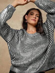 Freevana Damen Große Größen V-Ausschnitt Drop Shoulder Langarm Loose Pullover Pullover, Herbst/Winter - Schwarz - Übersicht 1