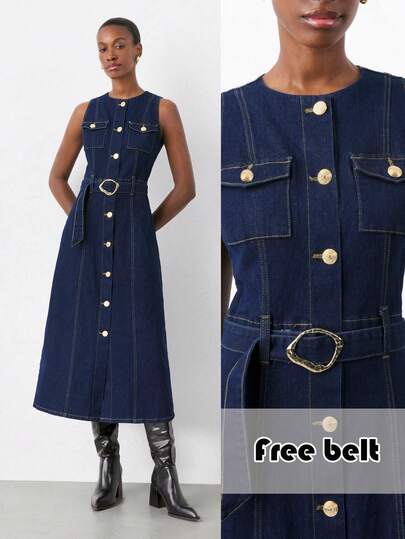 Maija New Women's Round Neck Denim Midi Dress With Belt And Metal Buckle Decoration.Elegant Long Dress. Old Money Style