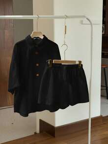 Muchica 黑色編織女性單排釦長袖上衣和短褲休閒套裝