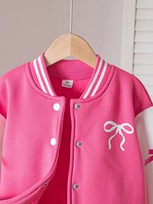 Genkimix Kids Young Girl Casual Colorblock Bow Decor Fleece Baseball Jacket, Stylish For Autumn - Hot Pink - View 3