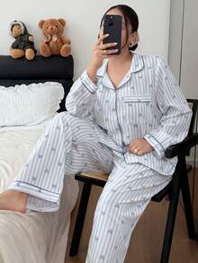 SHEIN Casual Woman Apricot Striped Plus Size Pajama Set Long Sleeve Lapel Button Front Long Pant Sets Woven Fabric - Apricot - View 6
