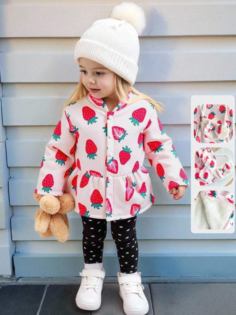 Playful Pals 女童牛奶丝复合抓绒草莓印花连帽长袖外套+毛绒斜挎包，舒适百搭，适合休闲、居家、户外活动，秋冬季必备 - 粉色 - 查看 1