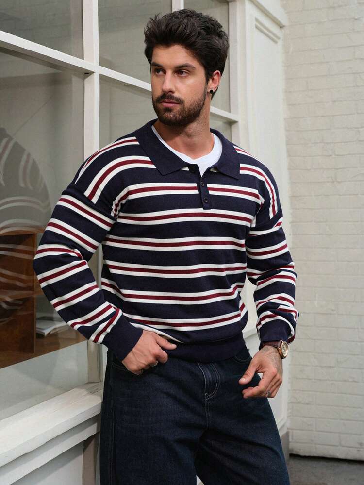 Men's Striped Multi-Color Polo Neck Sweater, Autumn/Winter