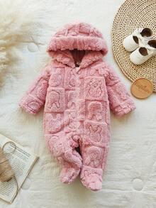 SHEIN Vintaside Kids Newborn Simple Stylish Cute Polka Dot Long Sleeve Hooded Fleece Romper Pajamas - Pink - View 6