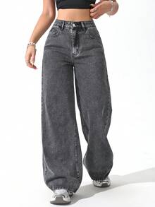 SHEIN ICON Plus Size Women Vintage Washed Straight Leg Jeans - Dark Grey - View 5