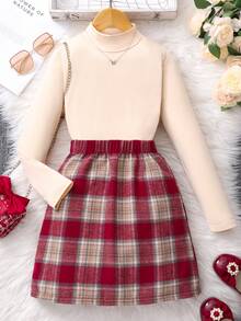 2pcs/Set Girls Plaid Long Sleeve T-Shirt And Skirt Set, Suitable For Outings, Street, Back To School, Campus Wear Kids Plaid Skirt Set Girls Plaid Skirt - Apricot - View 3
