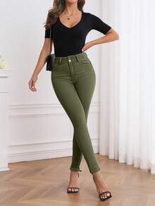 EMERY ROSE Women's Pocket Skinny Casual Versatile Denim Jeans Army Green Pants Olive Green Pants Green Jeans Green Pants For Women Women's Green Pants - Army Green - View 4