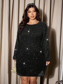 Elaquor 大码圆领插肩喇叭袖休闲亮片修身连衣裙 - 黑色 - 查看 5