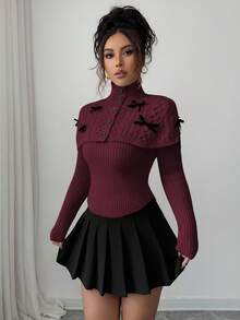 Elenzga Autumn/Winter Fashion Mock Neck Bowknot Decor Cape Sweater - Burgundy - View 3